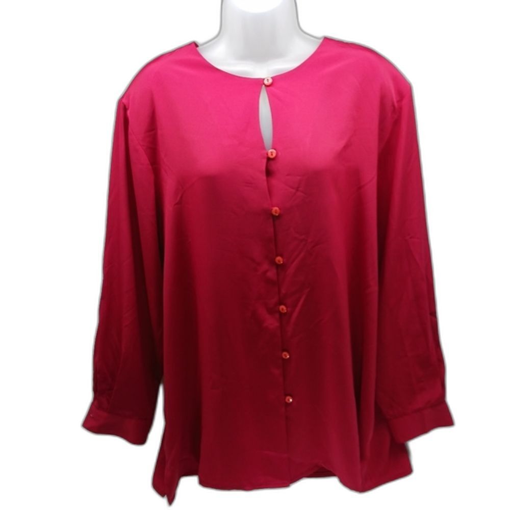Yves St. Clair 2 Red Button-Down Blouse Should apads, Long Sleeve,Scoop Neck 20W